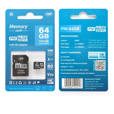 Card de memorie microSDHC  PNI 64GB 80 mb/S v30  - ideal camere DVR sau gps cu camera 